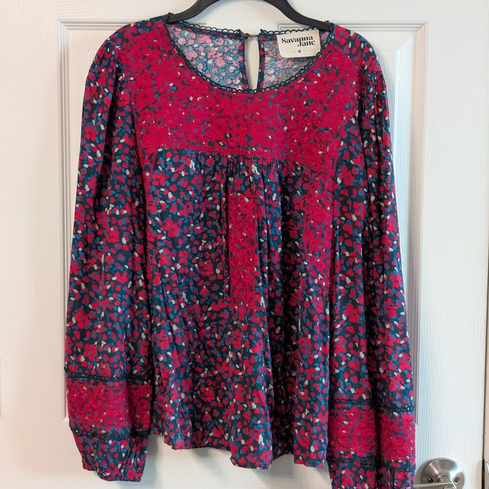 Savanna Jane Emerald Floral Print Blouse - Magenta and Navy